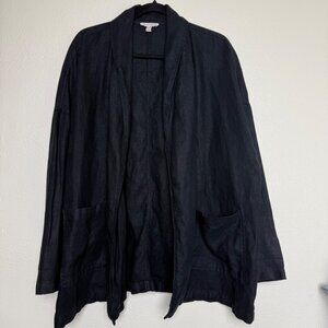 Eileen Fisher Black Open Front Linen Cardigan Jacket With Pockets Sz M